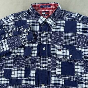 Vintage Tommy Hilfiger Patchwork Plaid Long Sleeve Shirt Mens XL Navy Blue 90s